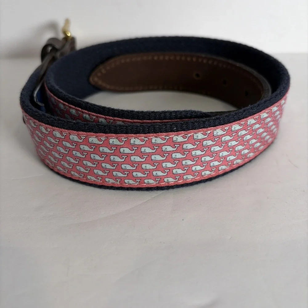 Vineyard Vines Boys' Classic Whale Canvas Club Belt Leather Pink 24 Brass Buckle